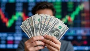 A men holding money in hand and in background there is stock market chart